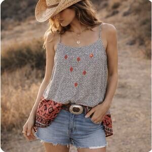 Anthropologie THML Sz XS Red Black geometric print embroidered longer tank